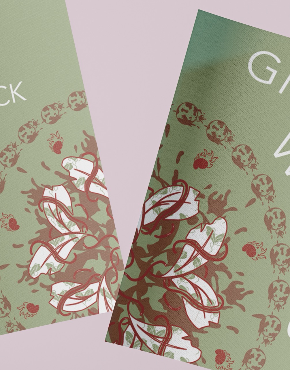 Mockup of a closse up of global warming zine booklet front and back cover with a pink background.