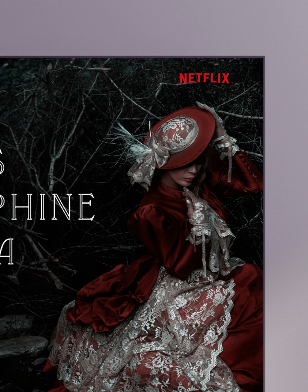 Mockup of Netflix movie advertisement on a large tv in a purple room.