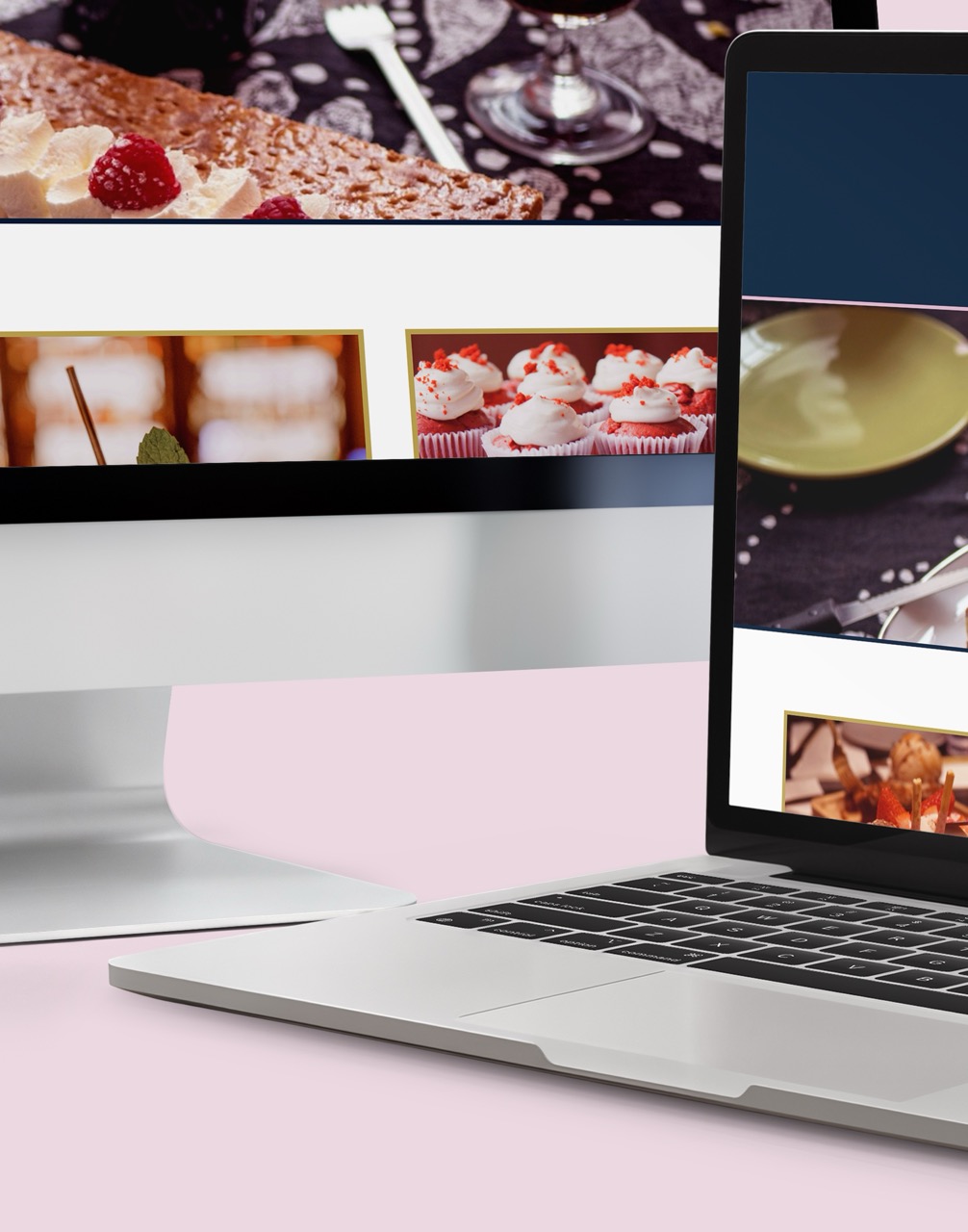 Close up of mockup of two desktops with header image of Sugar Shot website with a pink background.